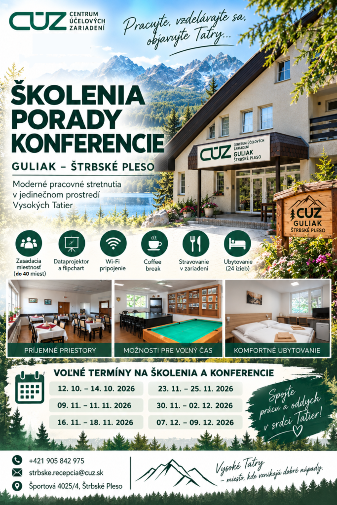 Plagát obsahujem informácie o možnosti konferencií, zasadaní a školení v zariadení Guliak. Tieto aktivity je možné uskutočniť v nasledujúcich termínoch: 12.10. - 14.10.2026 09.11. - 11.11.2026 16.11. - 18.11.2026 23.11. - 25.11.2026 30.11. - 02.12.2026 07.12. - 09.12.2026 Plagát obsahuje obrázky Guliaku - budovy zvonku, izby, recepciu a jedáleň.