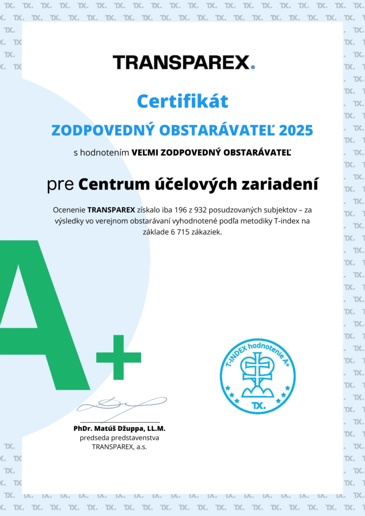 Transparex. Certifikát zodpovedný obstarávateľ 2025 s hodnotením veľmi zodpovedný obstarávateľ pre Centrum účelových zariadení Piešťany. Ocenenie Transparex získalo iba 196 z 932 posudzovaných subjektov - za výsledky vo verejnom obstarávaní vyhodnotené podľa metodiky T-index na základe 6715 zákaziek Pečiatka a podpis predsedu predstavenstva za ProWise, a.s. - TRANSPAREX, PhDr. Matúš Džuppa, L.L.M.